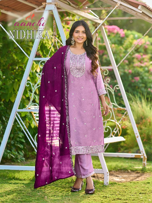 AANCHI NIDHIKA WHOLESALE READYMADE CRYSTAL SILK LATEST FASHION 3 PCS SUITS SUPPLIER