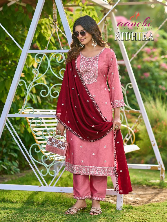 AANCHI NIDHIKA WHOLESALE READYMADE CRYSTAL SILK LATEST FASHION 3 PCS SUITS SUPPLIER