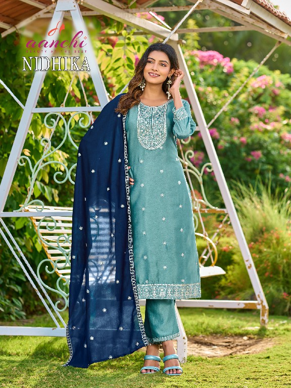 AANCHI NIDHIKA WHOLESALE READYMADE CRYSTAL SILK LATEST FASHION 3 PCS SUITS SUPPLIER