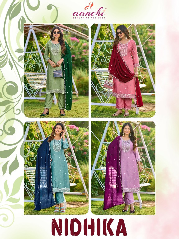 AANCHI NIDHIKA WHOLESALE READYMADE CRYSTAL SILK LATEST FASHION 3 PCS SUITS SUPPLIER