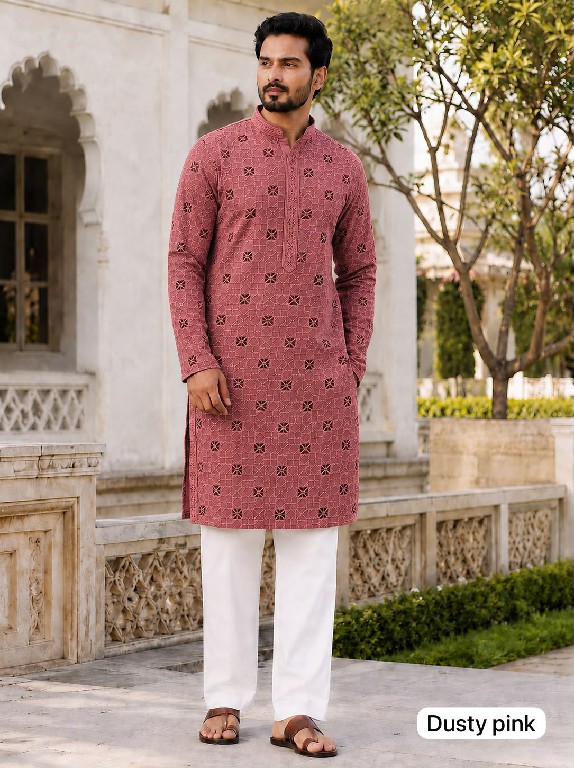 TEXTILEDEAL MANYAVAR CHIKANKARI 3.0 WHOLESALE READYMADE RAYON CHIKAN SHIFFLI WORK LONG KURTA PYJAMA FOR MEN EXPORTER