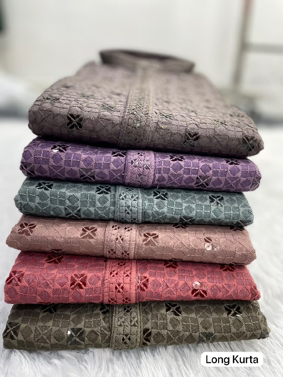 TEXTILEDEAL MANYAVAR CHIKANKARI 3.0 WHOLESALE READYMADE RAYON CHIKAN SHIFFLI WORK LONG KURTA PYJAMA FOR MEN EXPORTER