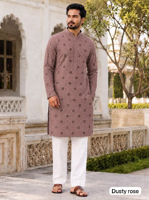 TEXTILEDEAL MANYAVAR CHIKANKARI 3.0 WHOLESALE READYMADE RAYON CHIKAN SHIFFLI WORK LONG KURTA PYJAMA FOR MEN EXPORTER