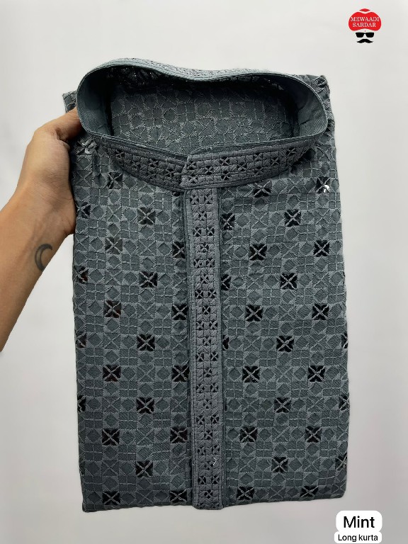 TEXTILEDEAL MANYAVAR CHIKANKARI 3.0 WHOLESALE READYMADE RAYON CHIKAN SHIFFLI WORK LONG KURTA PYJAMA FOR MEN EXPORTER