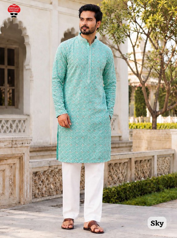 TEXTILEDEAL MANYAVAR CHIKANKARI WHOLESALE READYMADE RAYON CHIKAN SHIFFLI WORK STYLISH LONG KURTA PYJAMA FOR MEN SUPPLIER