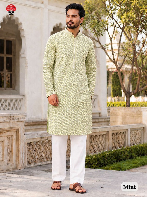 TEXTILEDEAL MANYAVAR CHIKANKARI WHOLESALE READYMADE RAYON CHIKAN SHIFFLI WORK STYLISH LONG KURTA PYJAMA FOR MEN SUPPLIER