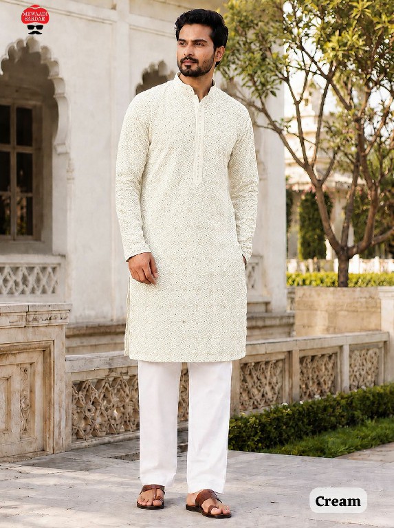 TEXTILEDEAL MANYAVAR CHIKANKARI WHOLESALE READYMADE RAYON CHIKAN SHIFFLI WORK STYLISH LONG KURTA PYJAMA FOR MEN SUPPLIER