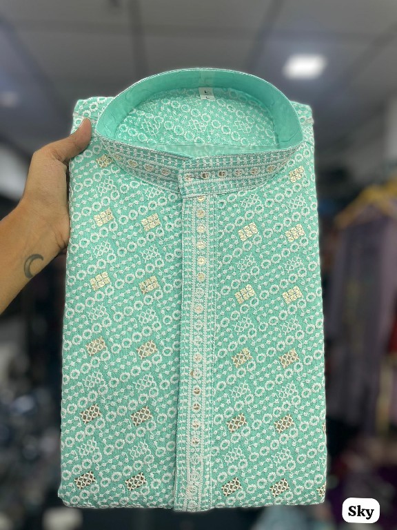 TEXTILEDEAL MANYAVAR CHIKANKARI WHOLESALE READYMADE RAYON CHIKAN SHIFFLI WORK STYLISH LONG KURTA PYJAMA FOR MEN SUPPLIER