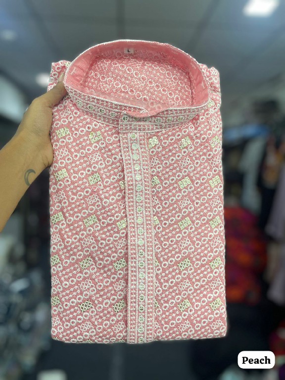 TEXTILEDEAL MANYAVAR CHIKANKARI WHOLESALE READYMADE RAYON CHIKAN SHIFFLI WORK STYLISH LONG KURTA PYJAMA FOR MEN SUPPLIER