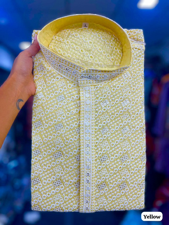TEXTILEDEAL MANYAVAR CHIKANKARI WHOLESALE READYMADE RAYON CHIKAN SHIFFLI WORK STYLISH LONG KURTA PYJAMA FOR MEN SUPPLIER
