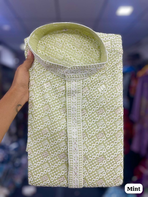 TEXTILEDEAL MANYAVAR CHIKANKARI WHOLESALE READYMADE RAYON CHIKAN SHIFFLI WORK STYLISH LONG KURTA PYJAMA FOR MEN SUPPLIER
