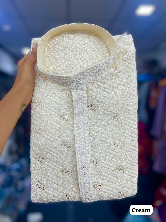 TEXTILEDEAL MANYAVAR CHIKANKARI WHOLESALE READYMADE RAYON CHIKAN SHIFFLI WORK STYLISH LONG KURTA PYJAMA FOR MEN SUPPLIER