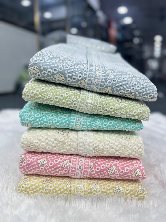 TEXTILEDEAL MANYAVAR CHIKANKARI WHOLESALE READYMADE RAYON CHIKAN SHIFFLI WORK STYLISH LONG KURTA PYJAMA FOR MEN SUPPLIER