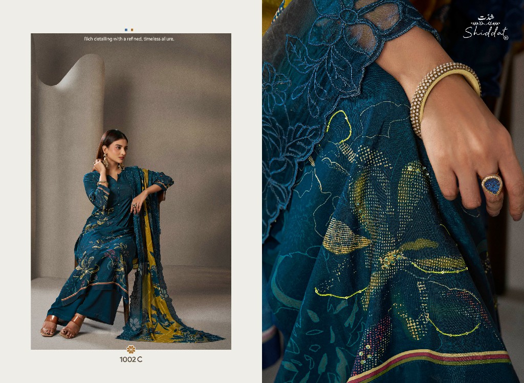 SHIDDAT IKARA 1002 WHOLESALE PURE MUSLIN BEAUTIFUL UNSTITCH SALWAR SUITS FOR EXPORT