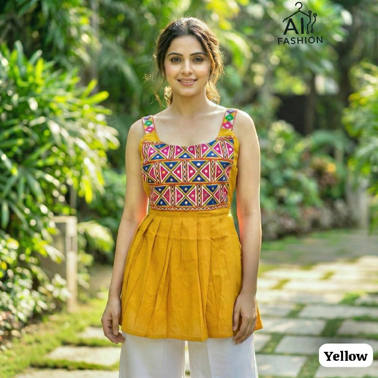 AI FASHION PANKHUDI WHOLESALE READYMADE HEAVY RAYON GAMTHI WORK SLEEVELESS SHORT TOPS FOR EXPORT