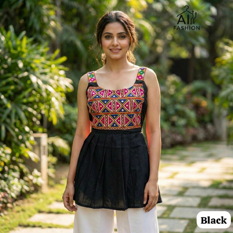 AI FASHION PANKHUDI WHOLESALE READYMADE HEAVY RAYON GAMTHI WORK SLEEVELESS SHORT TOPS FOR EXPORT