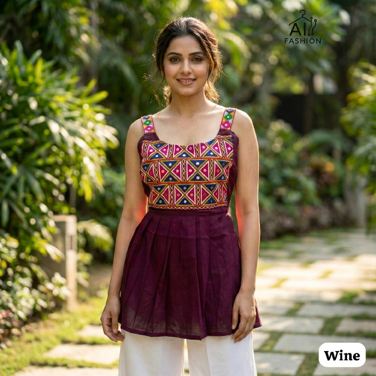 AI FASHION PANKHUDI WHOLESALE READYMADE HEAVY RAYON GAMTHI WORK SLEEVELESS SHORT TOPS FOR EXPORT