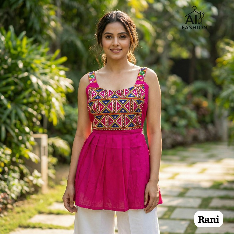 AI FASHION PANKHUDI WHOLESALE READYMADE HEAVY RAYON GAMTHI WORK SLEEVELESS SHORT TOPS FOR EXPORT