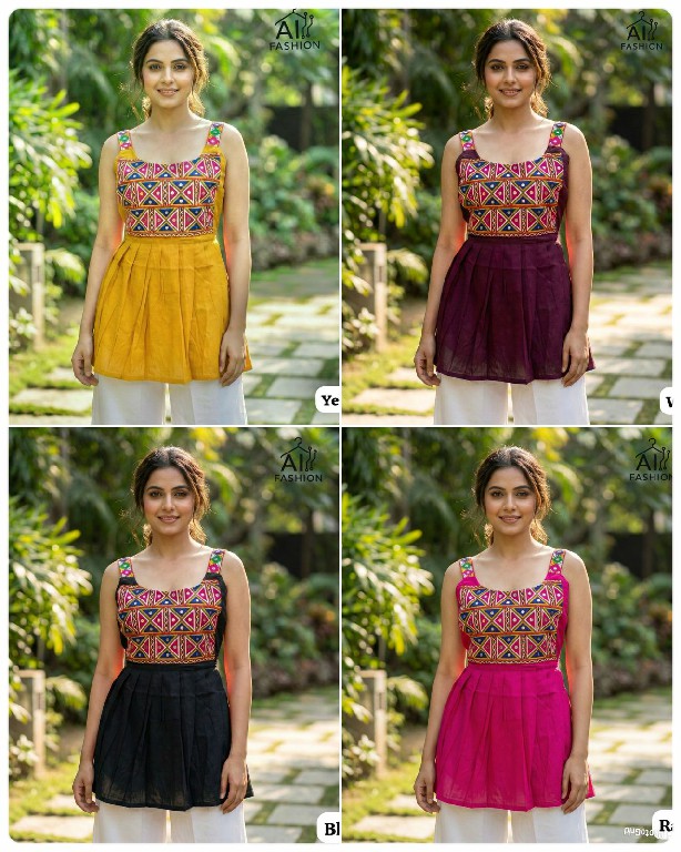 AI FASHION PANKHUDI WHOLESALE READYMADE HEAVY RAYON GAMTHI WORK SLEEVELESS SHORT TOPS FOR EXPORT