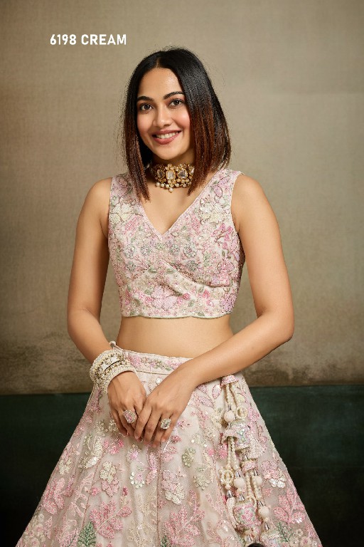 PF SERIES D.NO 6198 WHOLESALE NET FABRIC EMBROIDERED FULL FLARED LEHENGA CHOLI FOR EXPORT