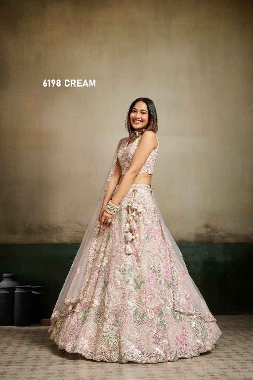 PF SERIES D.NO 6198 WHOLESALE NET FABRIC EMBROIDERED FULL FLARED LEHENGA CHOLI FOR EXPORT