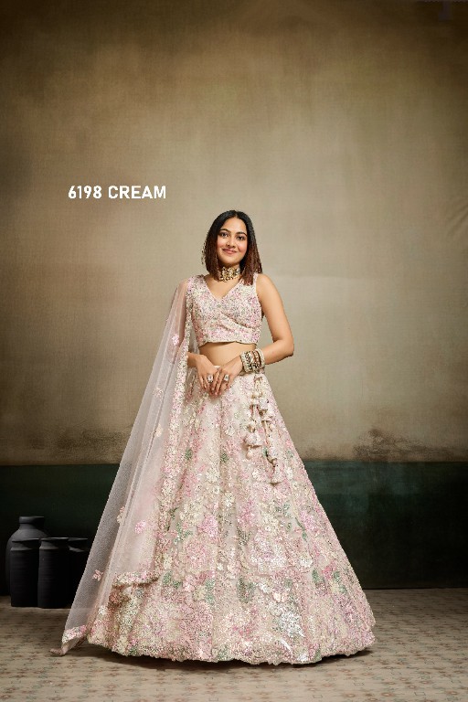 PF SERIES D.NO 6198 WHOLESALE NET FABRIC EMBROIDERED FULL FLARED LEHENGA CHOLI FOR EXPORT