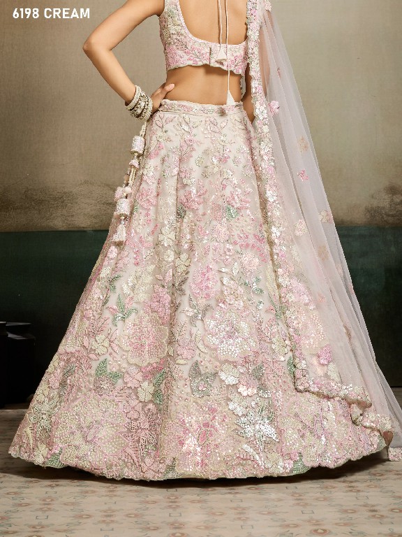 PF SERIES D.NO 6198 WHOLESALE NET FABRIC EMBROIDERED FULL FLARED LEHENGA CHOLI FOR EXPORT