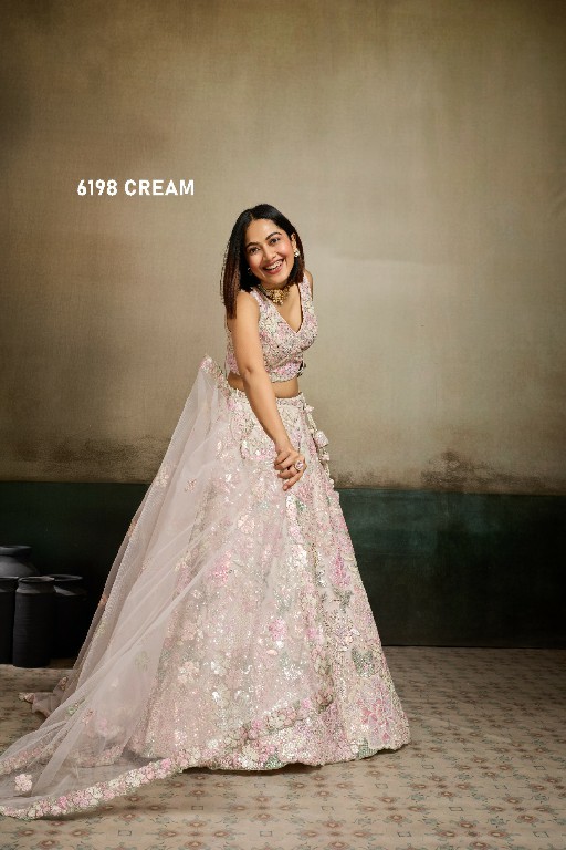 PF SERIES D.NO 6198 WHOLESALE NET FABRIC EMBROIDERED FULL FLARED LEHENGA CHOLI FOR EXPORT
