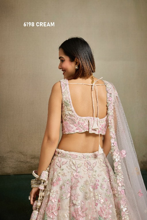PF SERIES D.NO 6198 WHOLESALE NET FABRIC EMBROIDERED FULL FLARED LEHENGA CHOLI FOR EXPORT