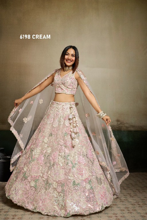 PF SERIES D.NO 6198 WHOLESALE NET FABRIC EMBROIDERED FULL FLARED LEHENGA CHOLI FOR EXPORT