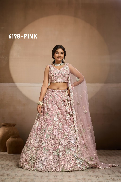 PF SERIES D.NO 6198 WHOLESALE NET FABRIC EMBROIDERED FULL FLARED LEHENGA CHOLI FOR EXPORT