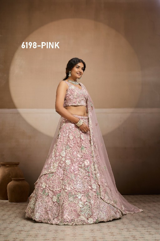 PF SERIES D.NO 6198 WHOLESALE NET FABRIC EMBROIDERED FULL FLARED LEHENGA CHOLI FOR EXPORT