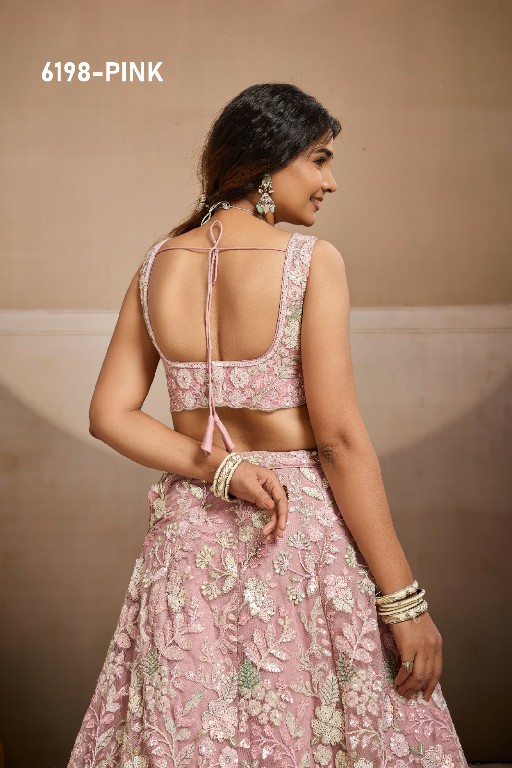 PF SERIES D.NO 6198 WHOLESALE NET FABRIC EMBROIDERED FULL FLARED LEHENGA CHOLI FOR EXPORT