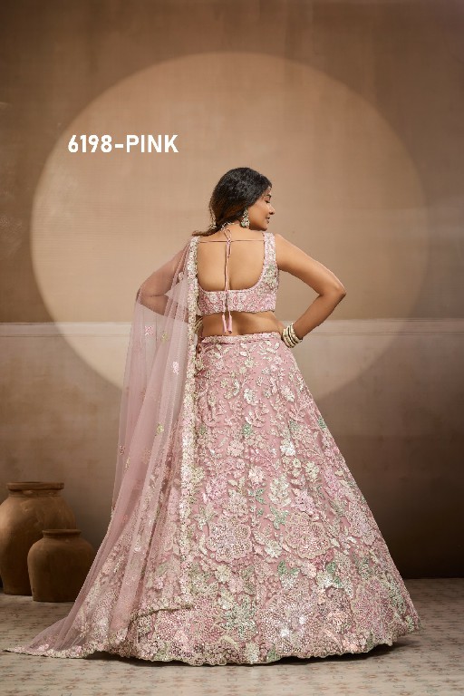 PF SERIES D.NO 6198 WHOLESALE NET FABRIC EMBROIDERED FULL FLARED LEHENGA CHOLI FOR EXPORT