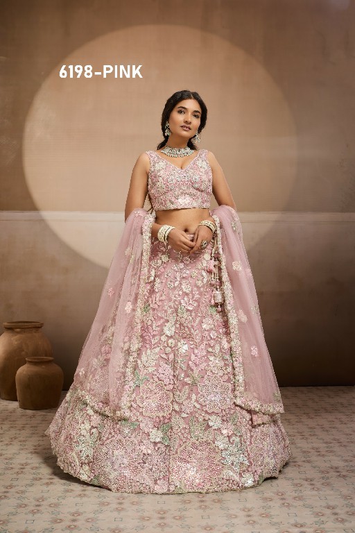 PF SERIES D.NO 6198 WHOLESALE NET FABRIC EMBROIDERED FULL FLARED LEHENGA CHOLI FOR EXPORT