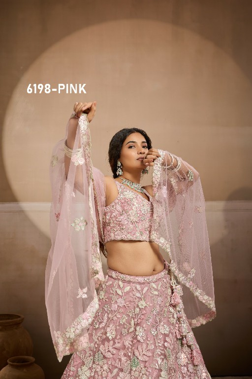 PF SERIES D.NO 6198 WHOLESALE NET FABRIC EMBROIDERED FULL FLARED LEHENGA CHOLI FOR EXPORT