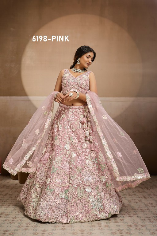 PF SERIES D.NO 6198 WHOLESALE NET FABRIC EMBROIDERED FULL FLARED LEHENGA CHOLI FOR EXPORT