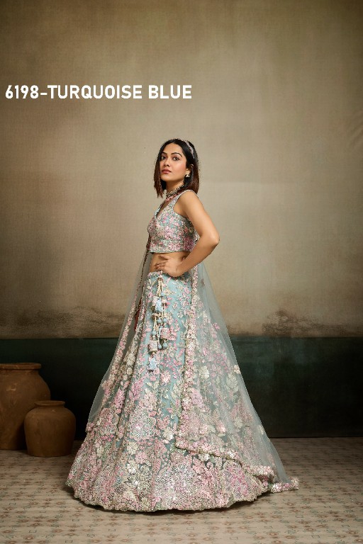 PF SERIES D.NO 6198 WHOLESALE NET FABRIC EMBROIDERED FULL FLARED LEHENGA CHOLI FOR EXPORT