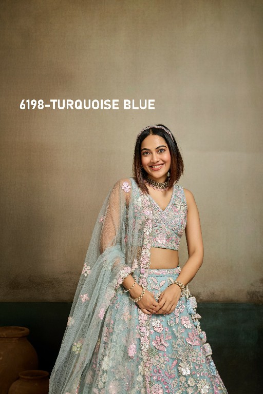 PF SERIES D.NO 6198 WHOLESALE NET FABRIC EMBROIDERED FULL FLARED LEHENGA CHOLI FOR EXPORT
