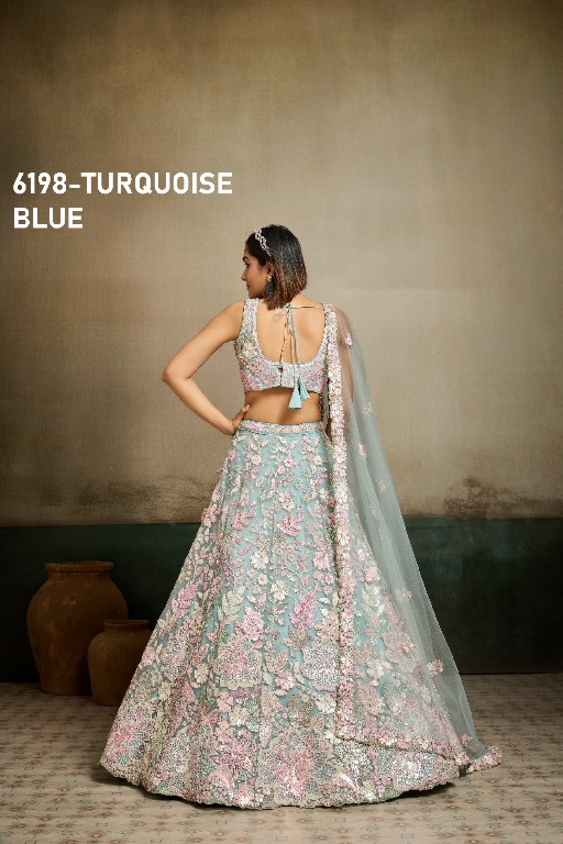 PF SERIES D.NO 6198 WHOLESALE NET FABRIC EMBROIDERED FULL FLARED LEHENGA CHOLI FOR EXPORT
