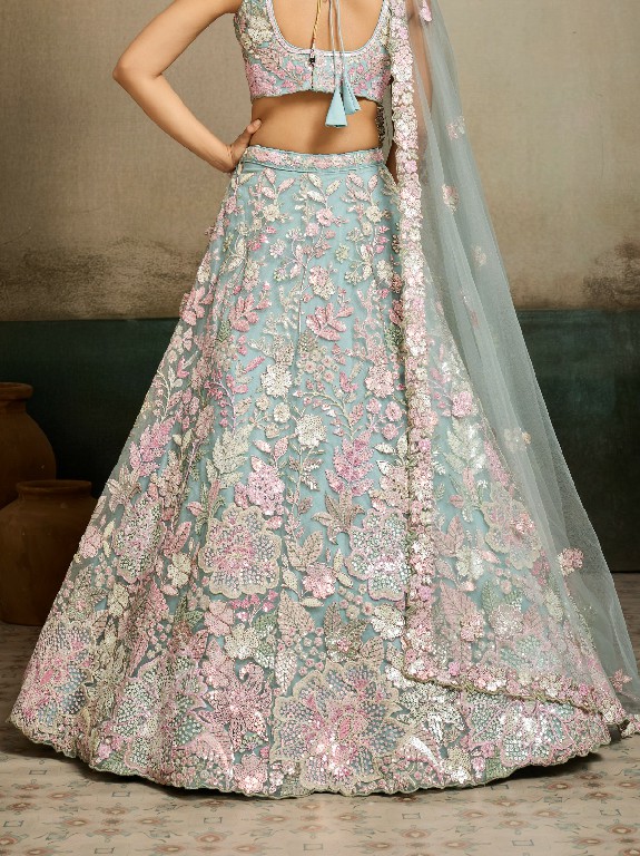 PF SERIES D.NO 6198 WHOLESALE NET FABRIC EMBROIDERED FULL FLARED LEHENGA CHOLI FOR EXPORT