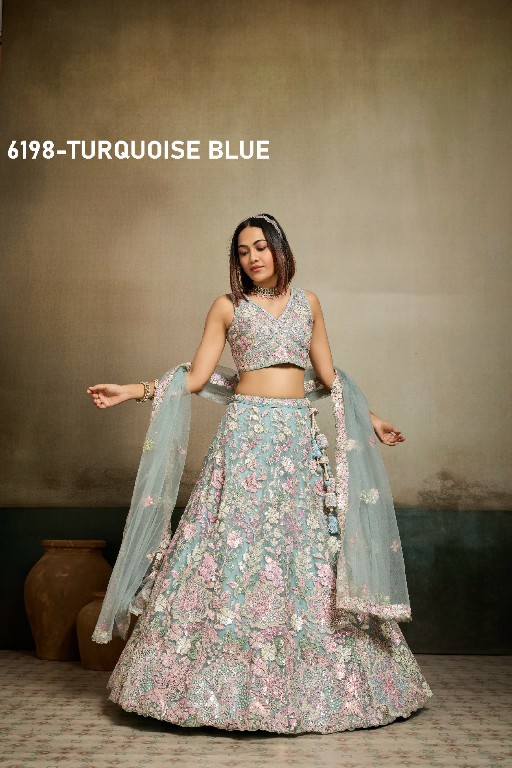 PF SERIES D.NO 6198 WHOLESALE NET FABRIC EMBROIDERED FULL FLARED LEHENGA CHOLI FOR EXPORT