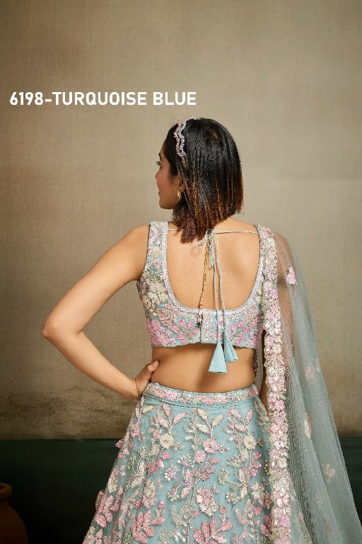 PF SERIES D.NO 6198 WHOLESALE NET FABRIC EMBROIDERED FULL FLARED LEHENGA CHOLI FOR EXPORT