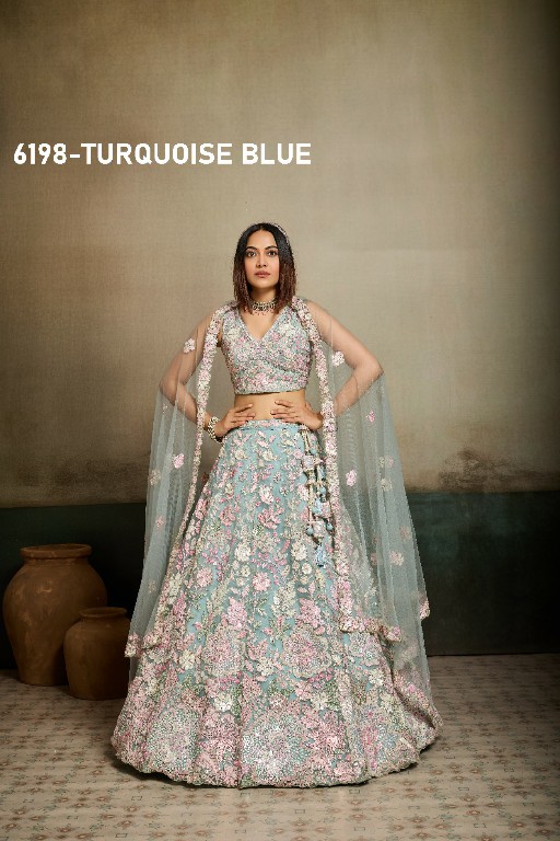 PF SERIES D.NO 6198 WHOLESALE NET FABRIC EMBROIDERED FULL FLARED LEHENGA CHOLI FOR EXPORT