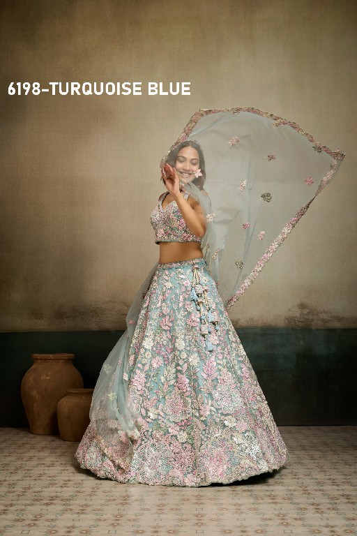 PF SERIES D.NO 6198 WHOLESALE NET FABRIC EMBROIDERED FULL FLARED LEHENGA CHOLI FOR EXPORT