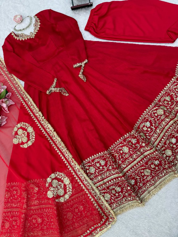 TEXTILEDEAL D.NO 6074 WHOLESALE READYMADE VICHITRA SILK PARTY WEAR ANARKALI 3 PCS SUITS EXPORTER