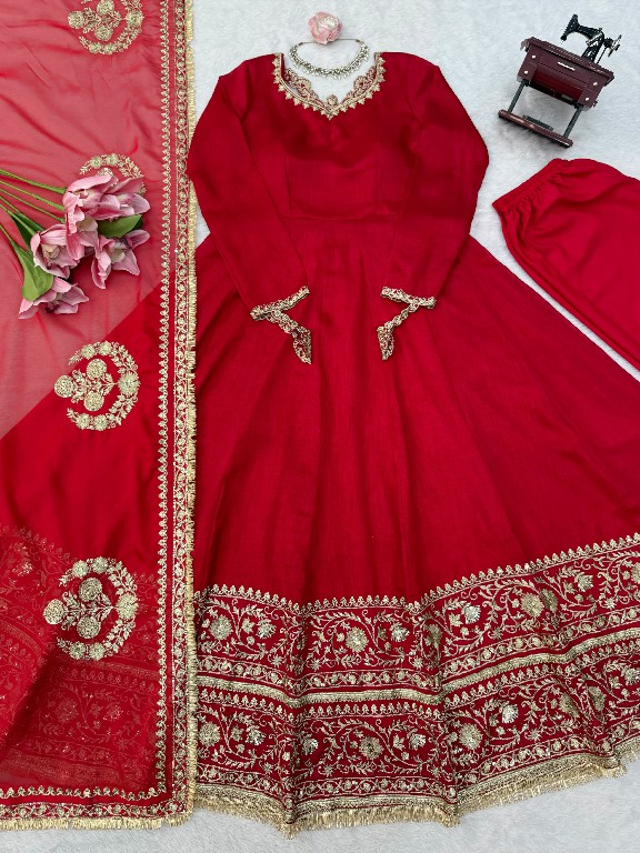 TEXTILEDEAL D.NO 6074 WHOLESALE READYMADE VICHITRA SILK PARTY WEAR ANARKALI 3 PCS SUITS EXPORTER
