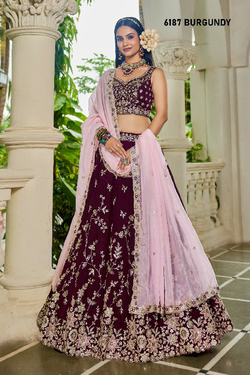 PF SERIES D.NO 6187 WHOLESALE ORGANZA FULL FLARED FESTIVE WEAR LEHENGA CHOLI FOR EXPORT