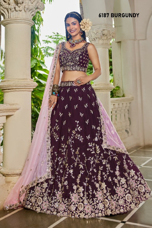 PF SERIES D.NO 6187 WHOLESALE ORGANZA FULL FLARED FESTIVE WEAR LEHENGA CHOLI FOR EXPORT