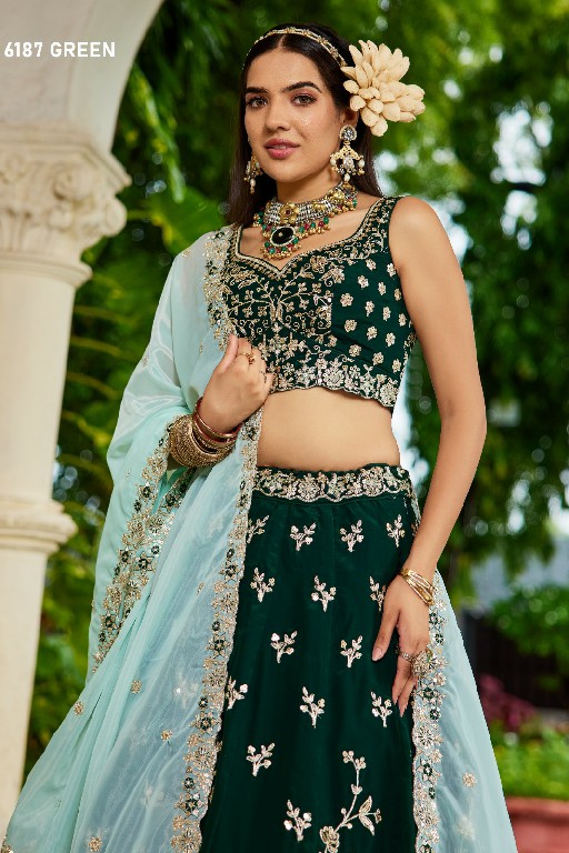 PF SERIES D.NO 6187 WHOLESALE ORGANZA FULL FLARED FESTIVE WEAR LEHENGA CHOLI FOR EXPORT